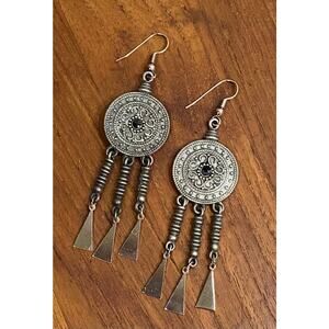 Vintage Boho Tribal Dangle Earrings Antique Silver-Tone Marked JJ 1986